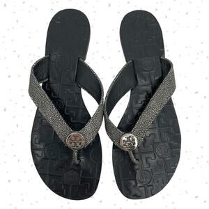 Tory Burch Thora Stingray Black Leather Thong Sandals Smoke Silver Foil Size 10